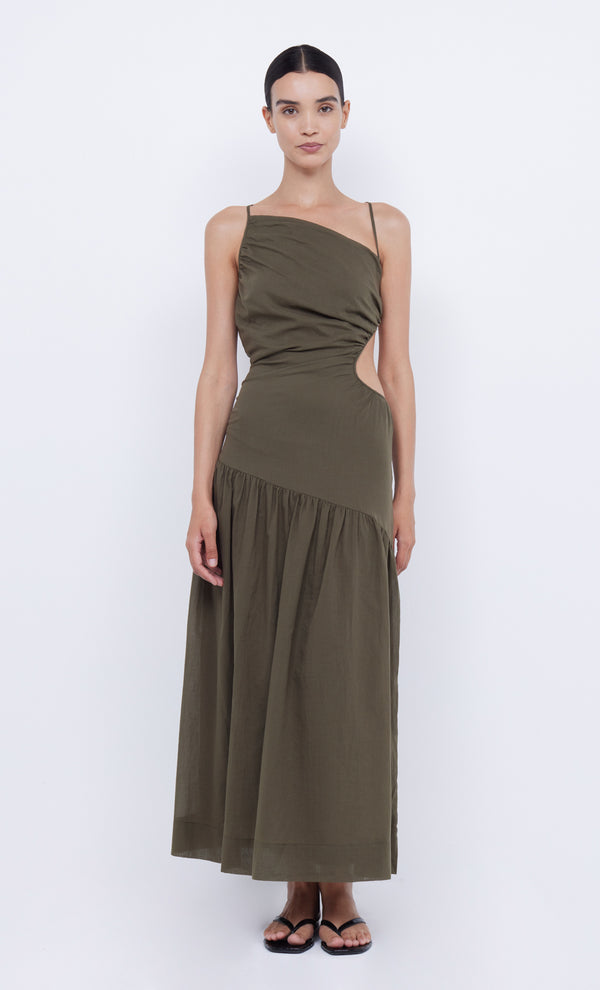 CALYPSO ASYM MAXI DRESS - OLIVE GREEN