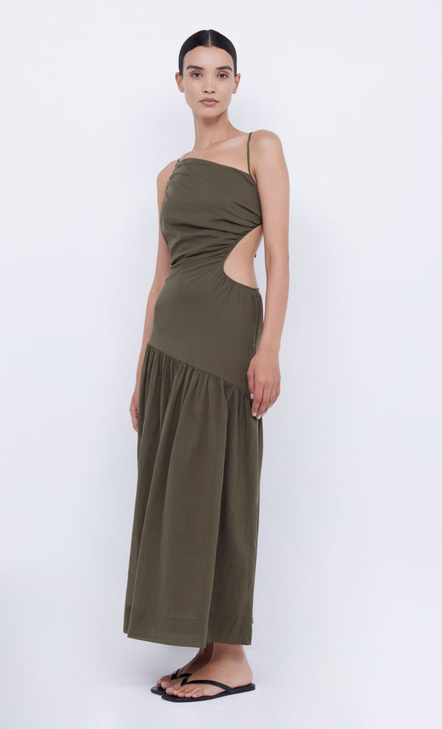 CALYPSO ASYM MAXI DRESS - OLIVE GREEN