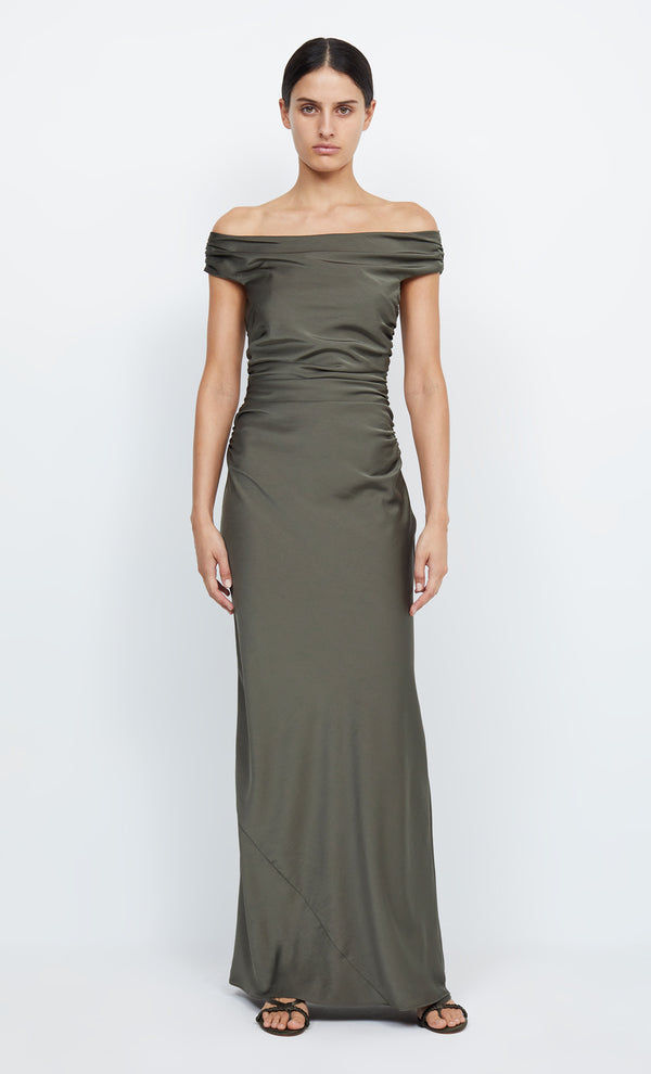 Eternity Off Shoulder Maxi Bridesmaid Dress in Dark Willow Green by Bec + Bridge