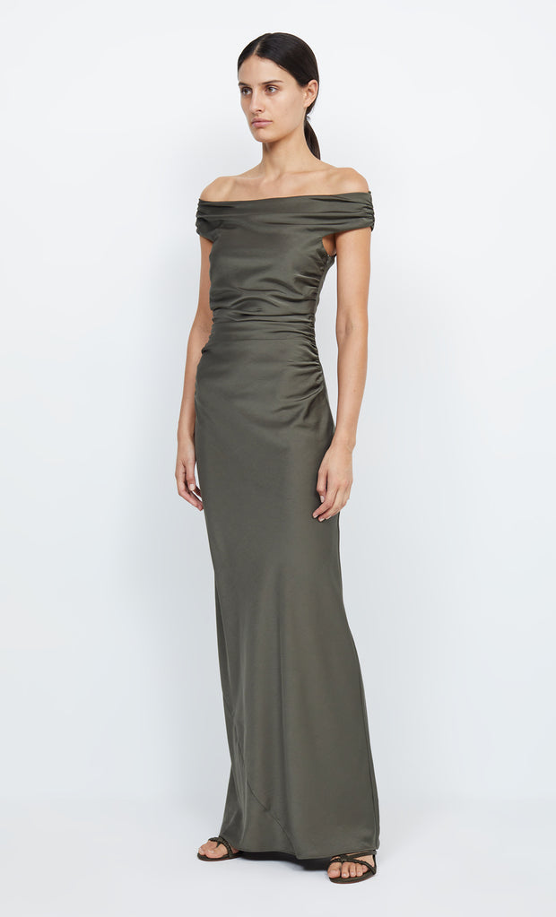 Eternity Off Shoulder Maxi Bridesmaid Dress in Dark Willow Green by Bec + Bridge