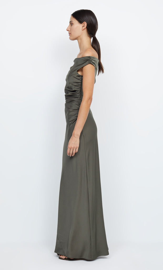 Eternity Off Shoulder Maxi Bridesmaid Dress in Dark Willow Green by Bec + Bridge