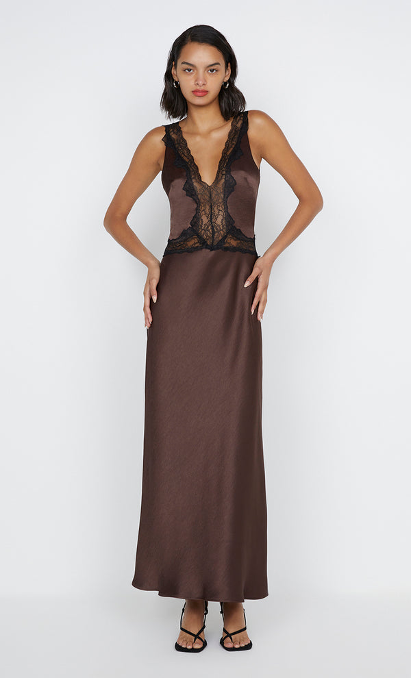 Allegra Lace Trim Maxi Dress in Dark Choc by Bec + Bridge