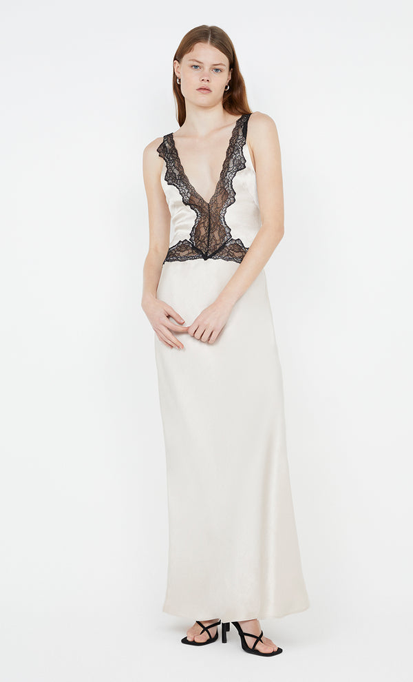 Allegra Lace Trim Dress in Sand with black lace by Bec + Bridge