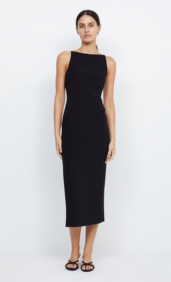 Be Mine Tuck Bonded Crepe Midi Prom Bridesmaid Dress in Black by Bec + Bridge