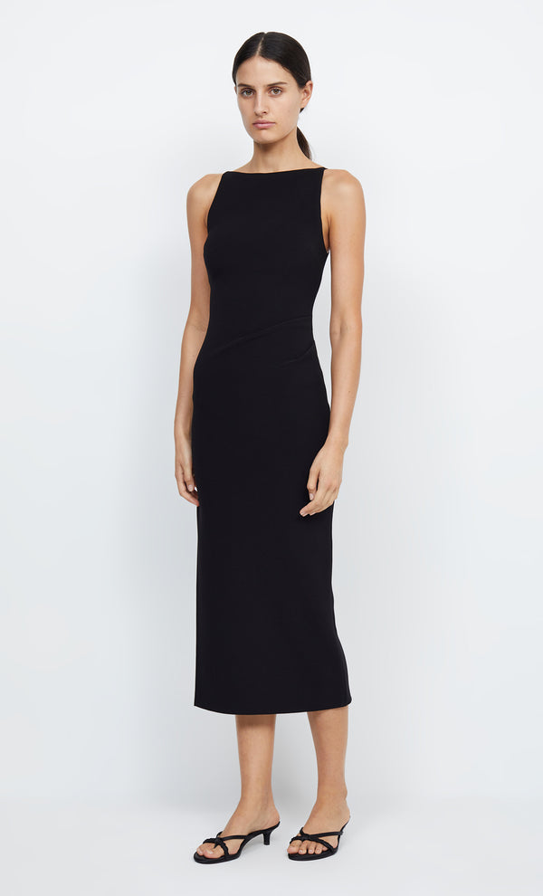 Be Mine Tuck Bonded Crepe Midi Prom Bridesmaid Dress in Black by Bec + Bridge