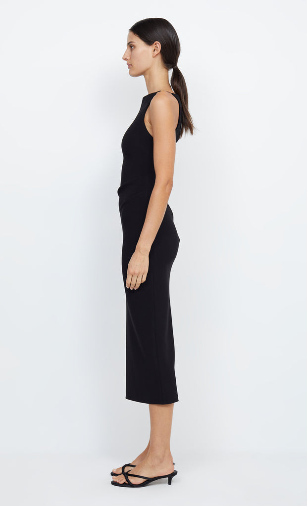 Be Mine Tuck Bonded Crepe Midi Prom Bridesmaid Dress in Black by Bec + Bridge