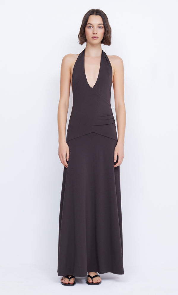 Blanche Halter Maxi Dress in Espresso worn by Alex Cooper by Bec + Bridge