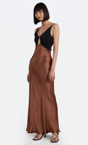 Kehlani V Dress in chocolate and black with cutout detail by Bec + Bridge