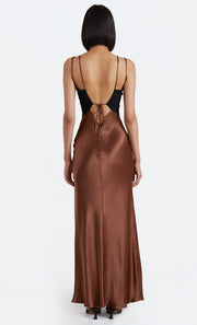 Kehlani V Dress in chocolate and black with cutout detail by Bec + Bridge