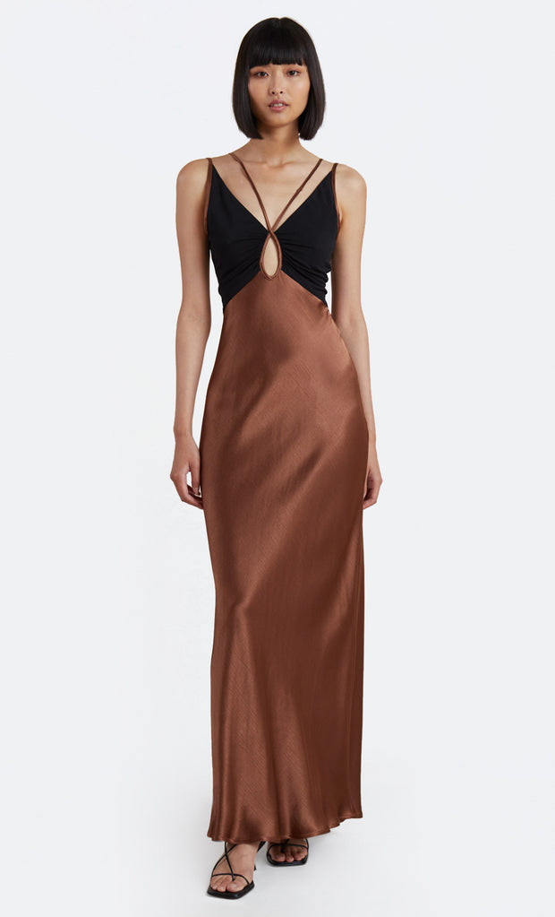 Kehlani V Dress in chocolate and black with cutout detail by Bec + Bridge