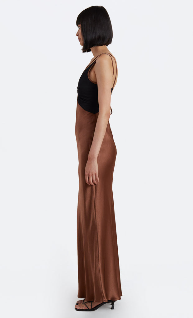 Kehlani V Dress in chocolate and black with cutout detail by Bec + Bridge