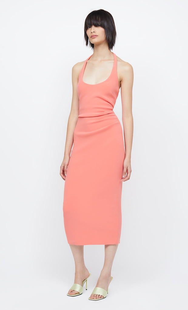 Cyndie Halter Midi Formal Prom Dress in Coral Pink Orange by Bec + Bridge