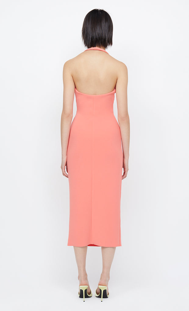 Cyndie Halter Midi Formal Prom Dress in Coral Pink Orange by Bec + Bridge