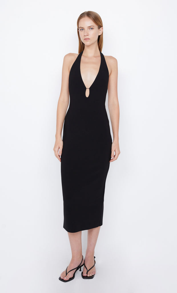 Elvie Halter Midi Dress in Black With Cutout by Bec + Bridge