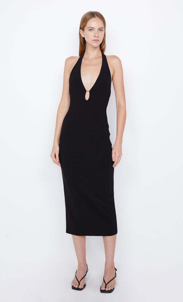 Elvie Halter Midi Dress in Black With Cutout by Bec + Bridge