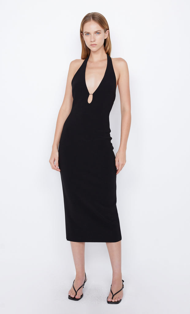 Elvie Halter Midi Dress in Black With Cutout by Bec + Bridge