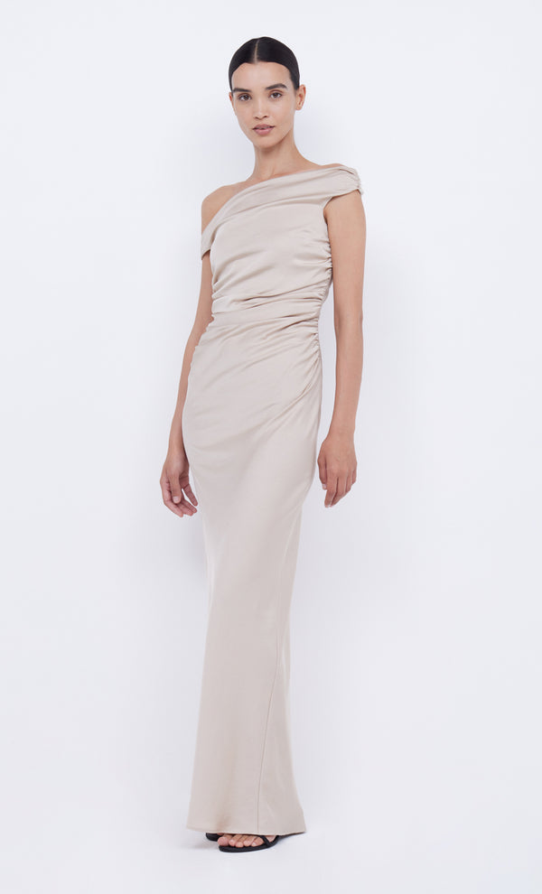 Eternitty Asym Off Shoulder Maxi Bridesmaid Dress in Sand by Bec + Bridge