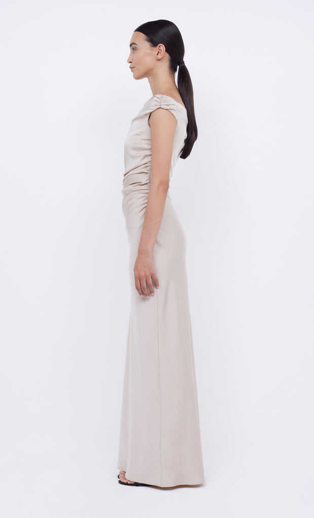 Eternitty Asym Off Shoulder Maxi Bridesmaid Dress in Sand by Bec + Bridge