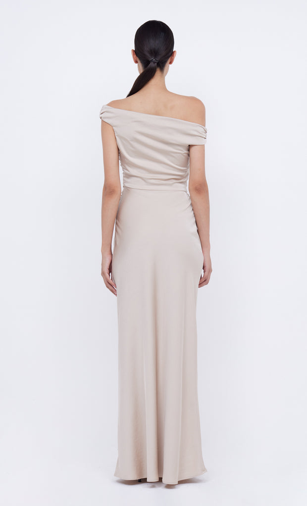 Eternitty Asym Off Shoulder Maxi Bridesmaid Dress in Sand by Bec + Bridge