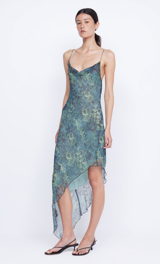 Florentine Asym Midi Dress in Nouveau Bleue print by Bec + Bridge