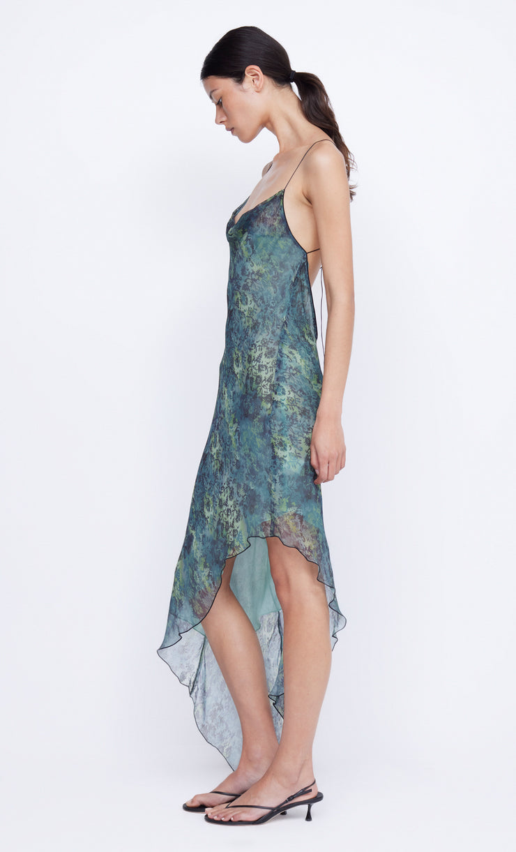 Florentine Asym Midi Dress in Nouveau Bleue print by Bec + Bridge