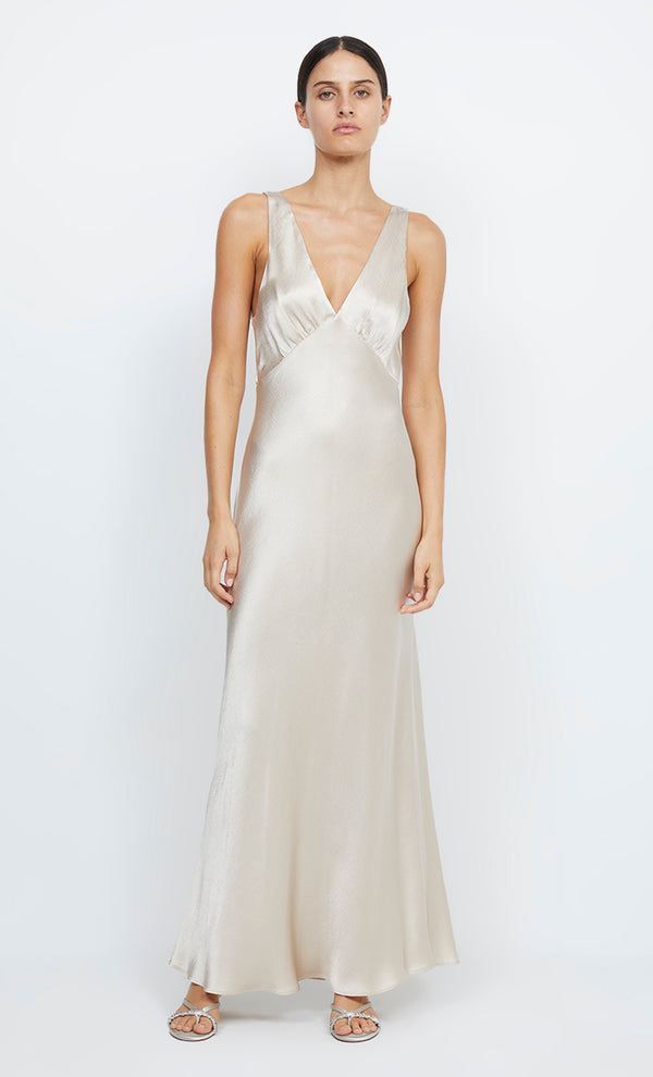 Moon Dance Verona V Neck Maxi Bridesmaid Dress in Sand by Bec + Bridge