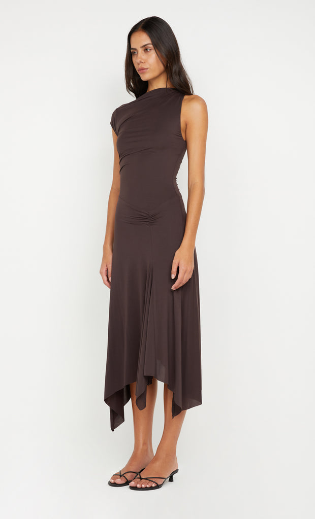 Nara Asym Midi Dress in Dark Choc by Bec + Bridge