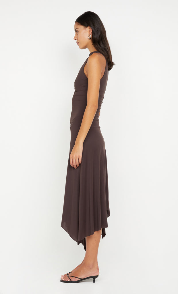 Nara Asym Midi Dress in Dark Choc by Bec + Bridge