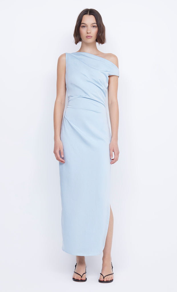 ROCHELLE ASYM MIDI DRESS - DOLPHIN BLUE