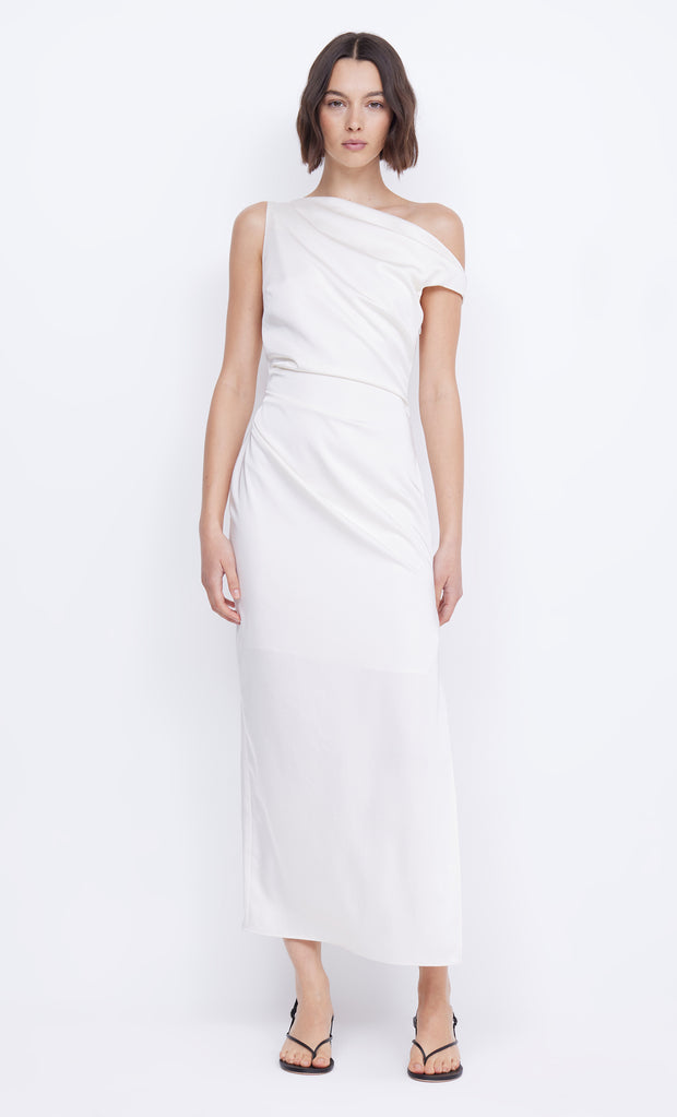 ROCHELLE ASYM MIDI DRESS - CREAM