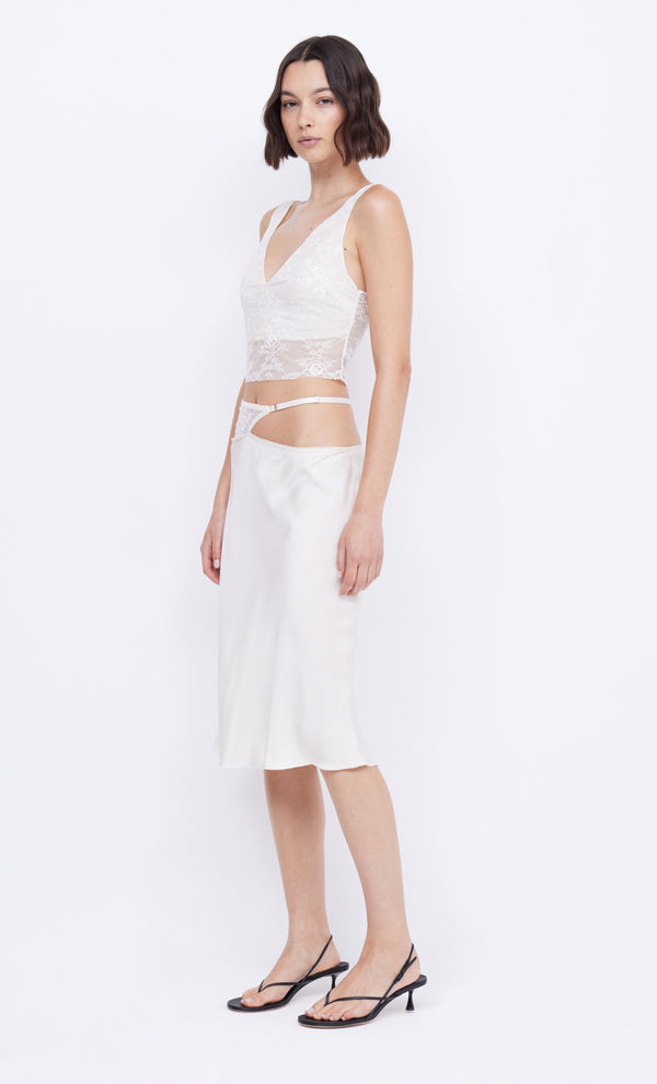 Santal Cutout Midi Lace Skirt in White Ivory by Bec + Bridge