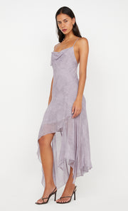 TALLIS ASYM DRESS - LILAC DENIM PRINT