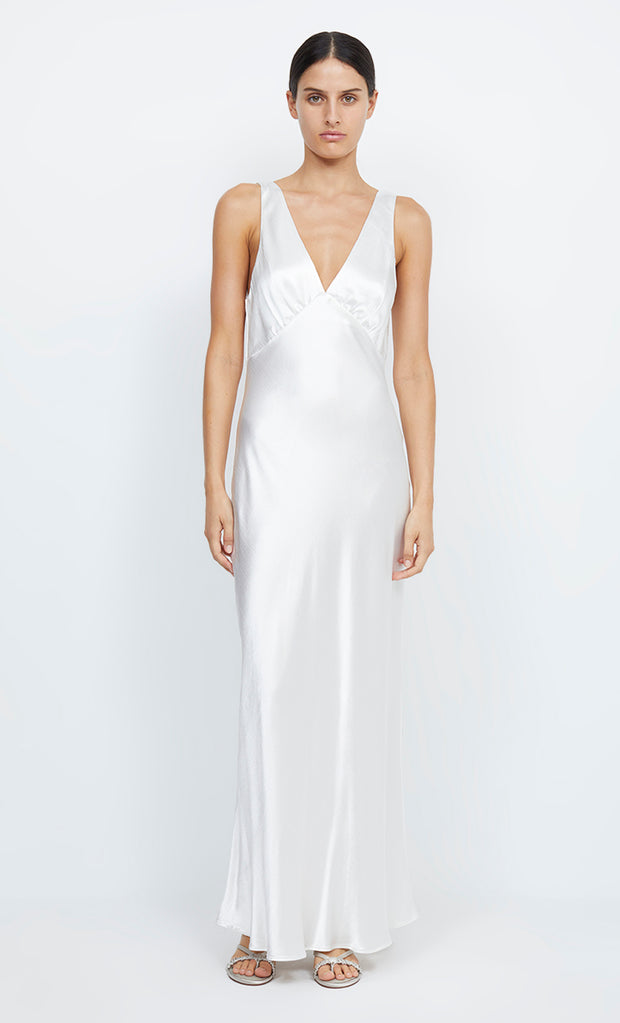 Moon Dance V Neck Verona Silk Maxi Dress in Ivory White by Bec + Bridge