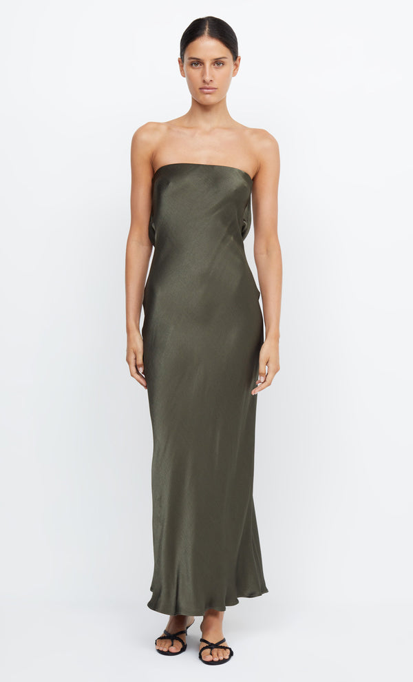 Moon Dance Strapless Maxi Prom Bridesmaid Dress in Dark Willow Green by Bec + bridge