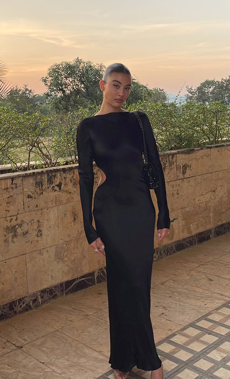 REN LONG SLEEVE MIDI DRESS - BLACK