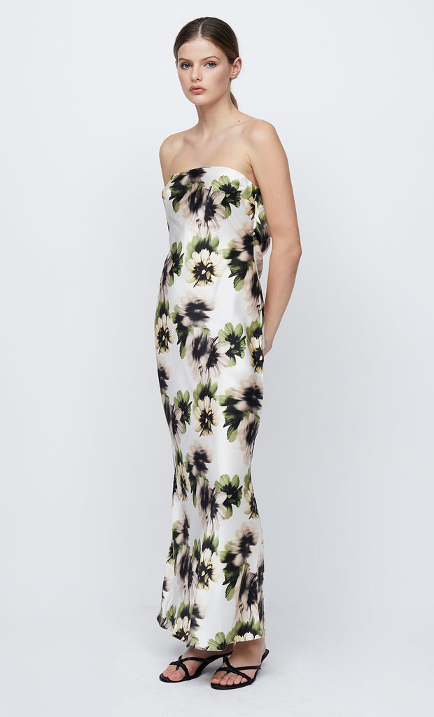 BLOOM SILK STRAPLESS MAXI - IVORY PRINT