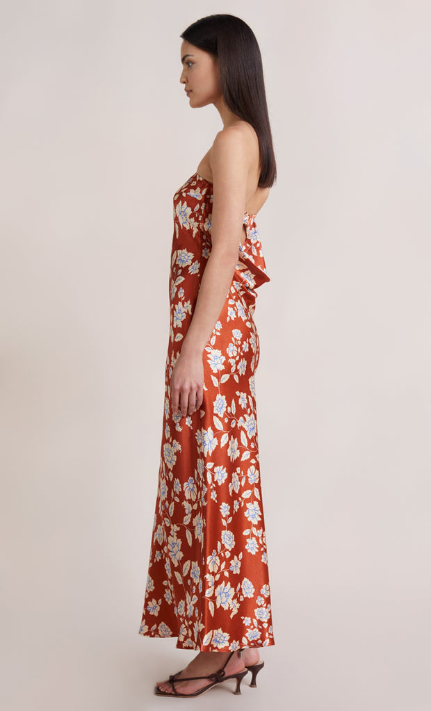 BLOSSOM STRAPLESS MAXI DRESS - RUST PRINT