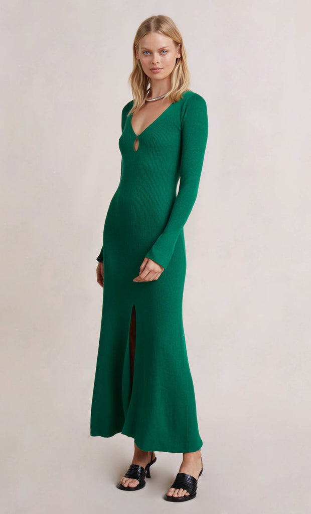 FREYA KNIT V MAXI DRESS - BOTTLE GREEN