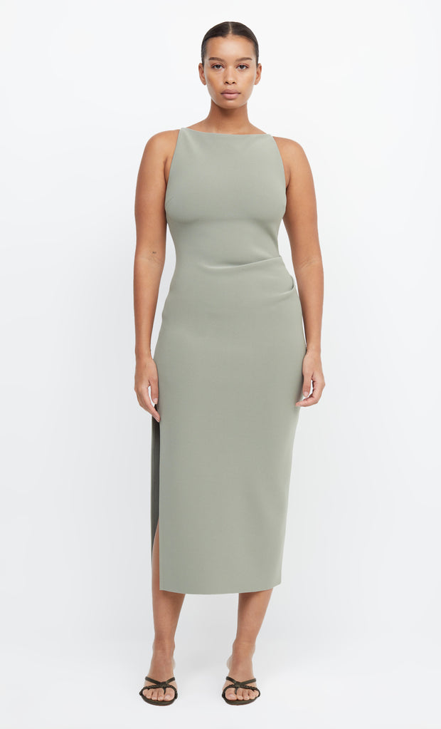 Be Mine Tuck High Neck Crepe Midi Bridesmaid Dress in Sage Green by Bec + Bridge