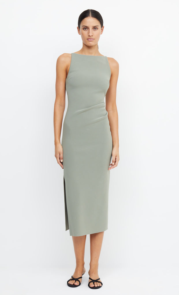 Be Mine Tuck High Neck Crepe Midi Dress in Sage Green by Bec + Bridge