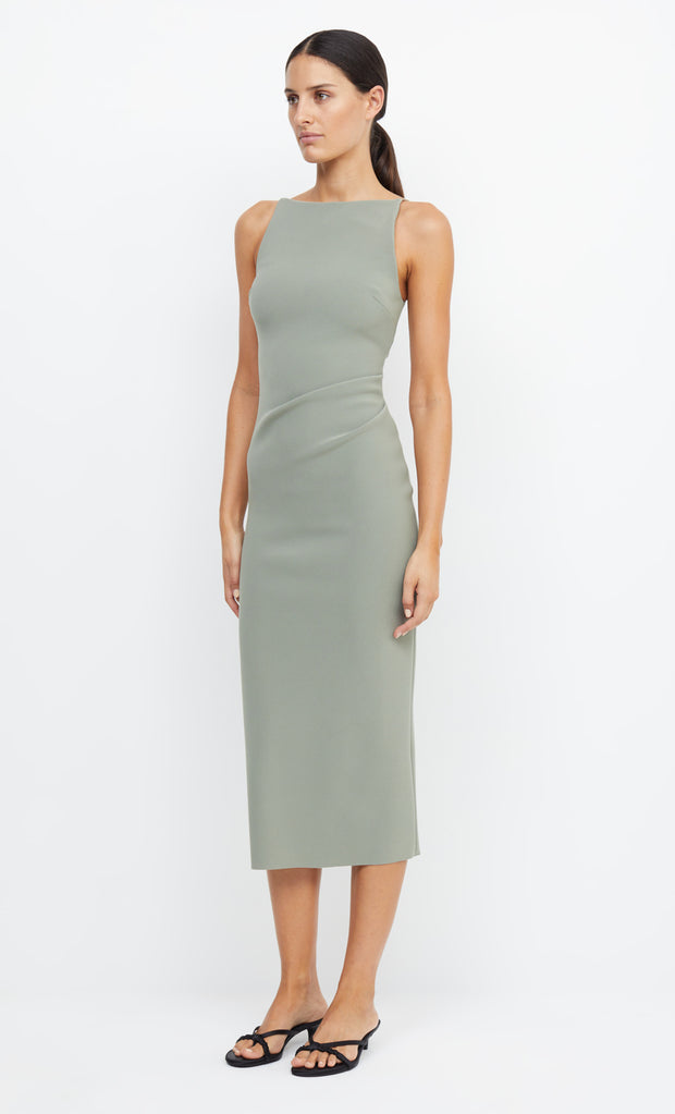 Be Mine Tuck High Neck Crepe Midi Bridesmaid Dress in Sage Green by Bec + Bridge