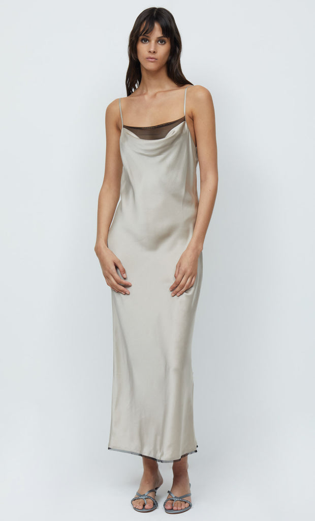 HELENA SILK STRAPPY DRESS - OYSTER/ BLACK